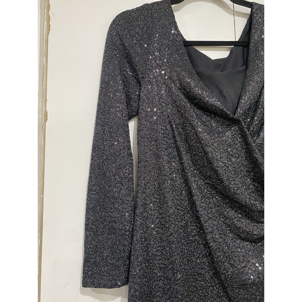 Carmen Marc Valvo Dress Sz 8 Black Silver Beaded Neck Sequin Cocktail Midi - Picture 7 of 12